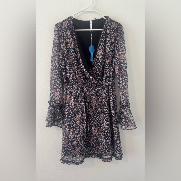 Cupshe Faux Wrap Dress Sheer Long Sleeves Navy Animal Abstract Print NWT XL - Picture 1 of 10